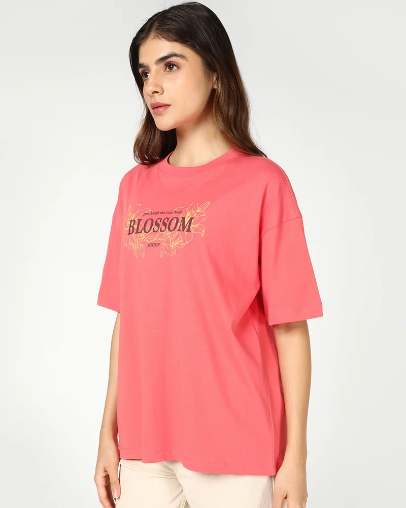 bewakoof Women's Coral Pink Blossom Graphic Printed Oversized T-shirt